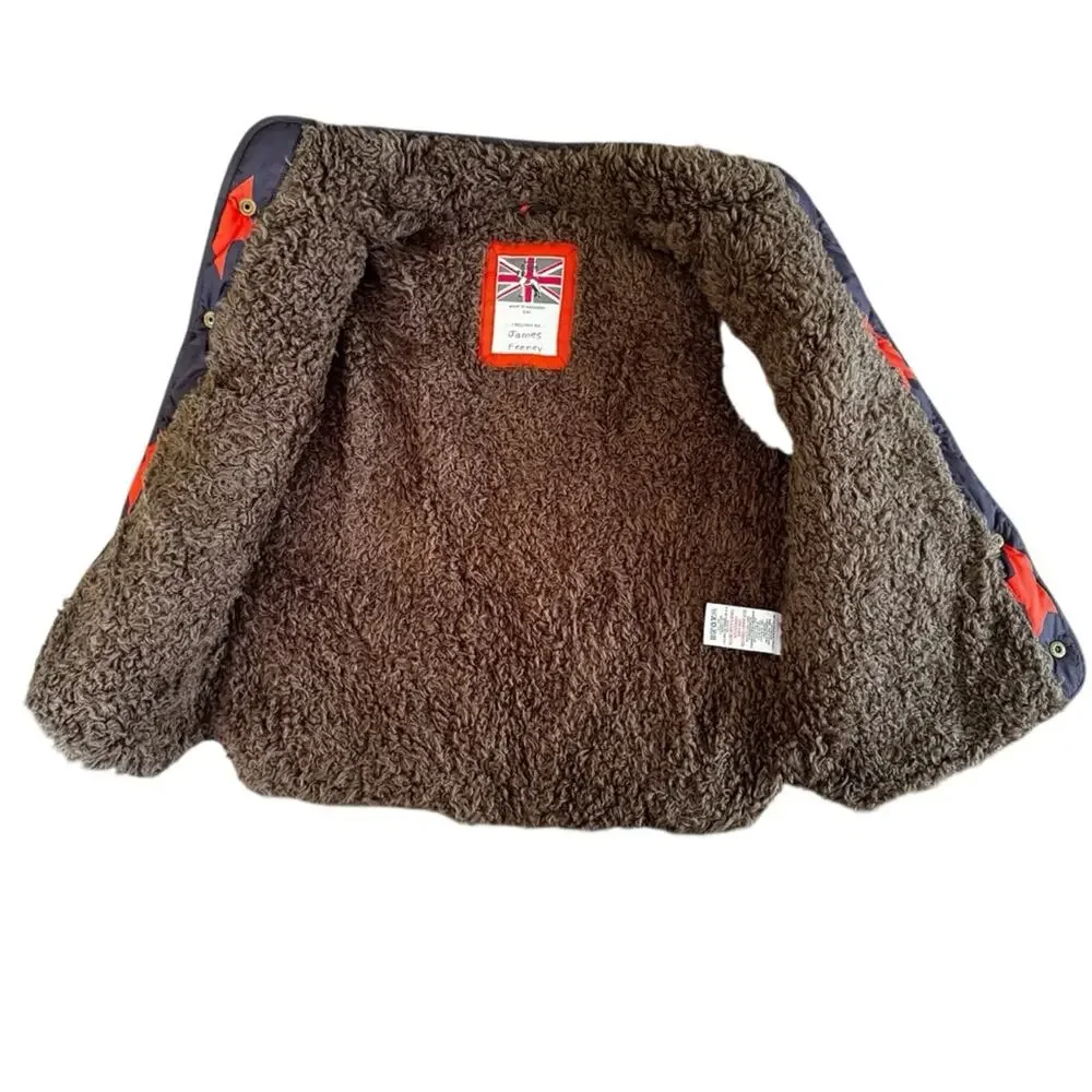 Mini Boden Kid’s Puffer Vest Sherpa Lined Stars Gray Orange Size 5-6